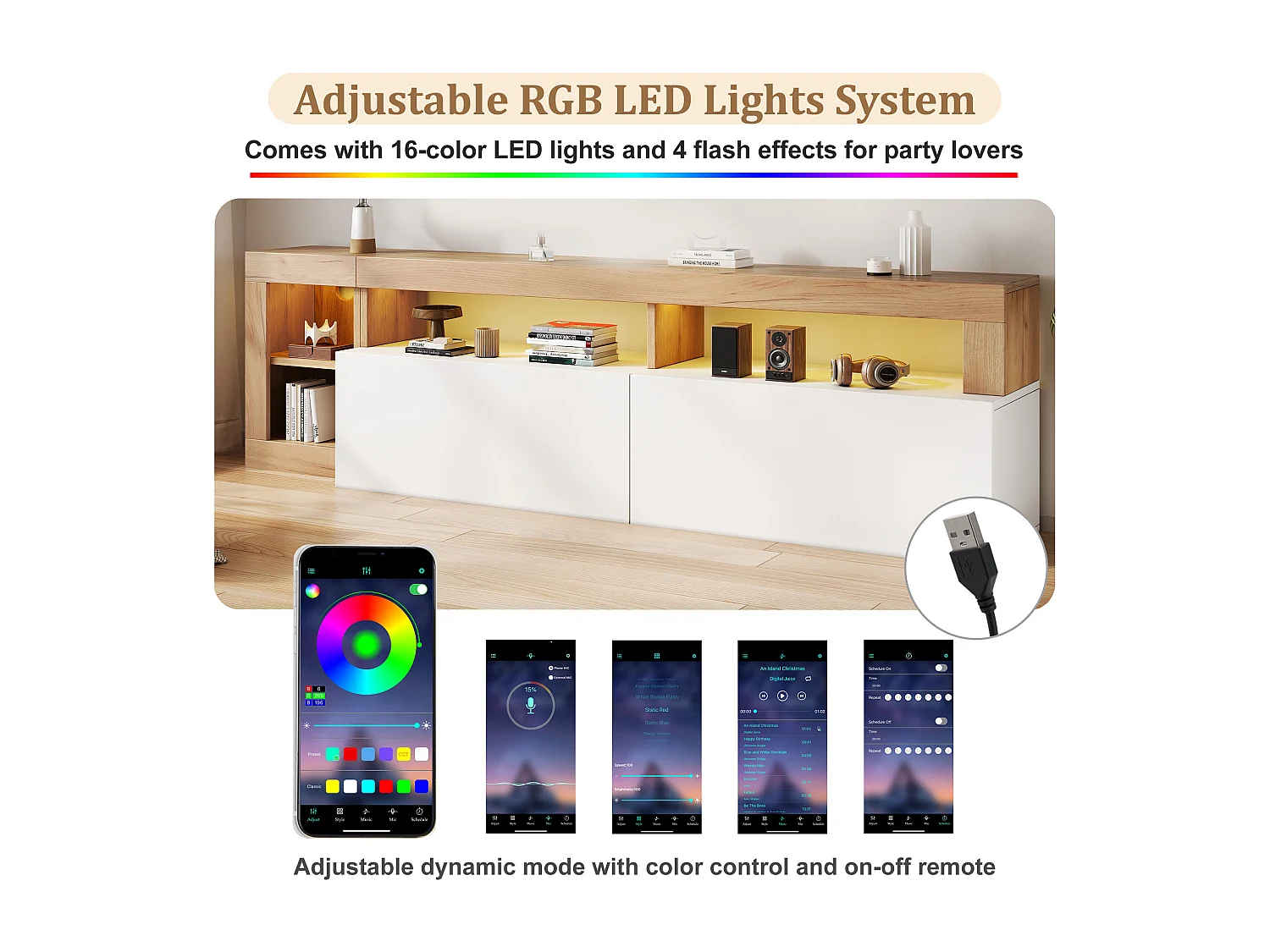 TV-Schrank mit 2 Türen und Ablagenischen - 184 x 42 x 58 cm - LEDs - Spanplatte - Weiß und Natur