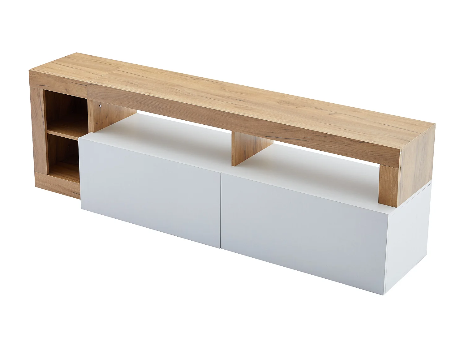 Meuble TV avec 2 portes et niches de rangement - 184 x 42 x 58 cm - LEDs - Panneaux de particules - Blanc et naturel