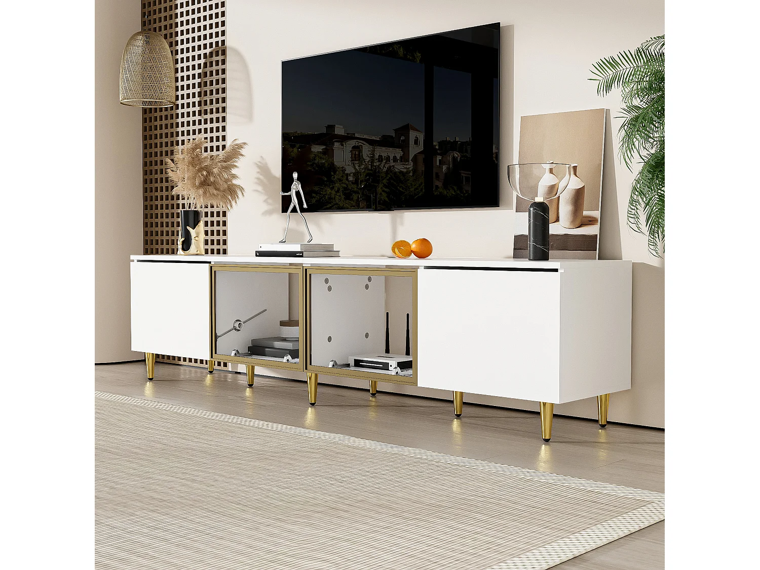 Meuble TV avec 4 portes - 170 x 33 x 40 cm - Verre, MDF, panneaux de particules - Blanc