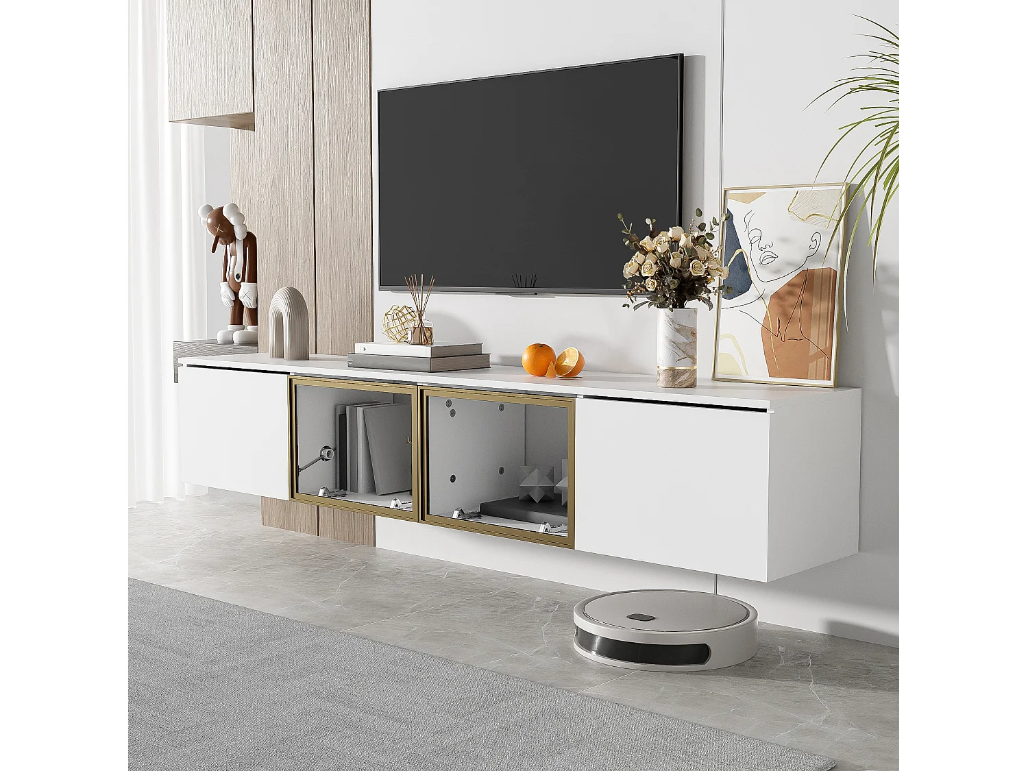 Meuble TV avec 4 portes - 170 x 33 x 40 cm - Verre, MDF, panneaux de particules - Blanc