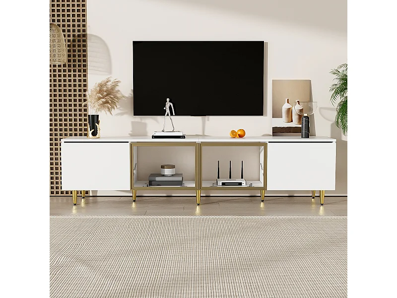 Meuble TV avec 4 portes - 170 x 33 x 40 cm - Verre, MDF, panneaux de particules - Blanc