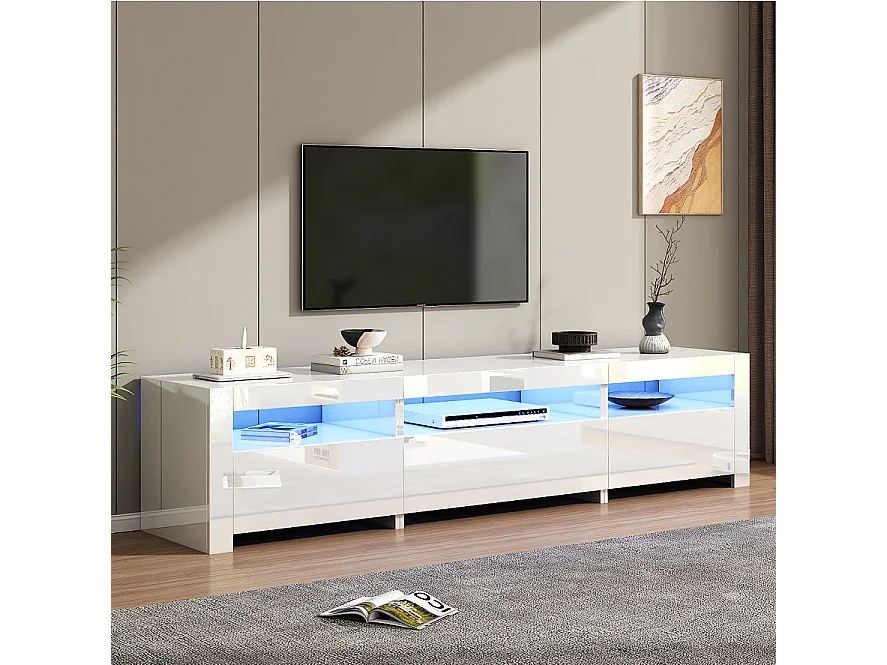 Meuble TV avec 3 portes - 190 x 24 x 40 cm - LEDs - Panneaux de particules - Blanc brillant