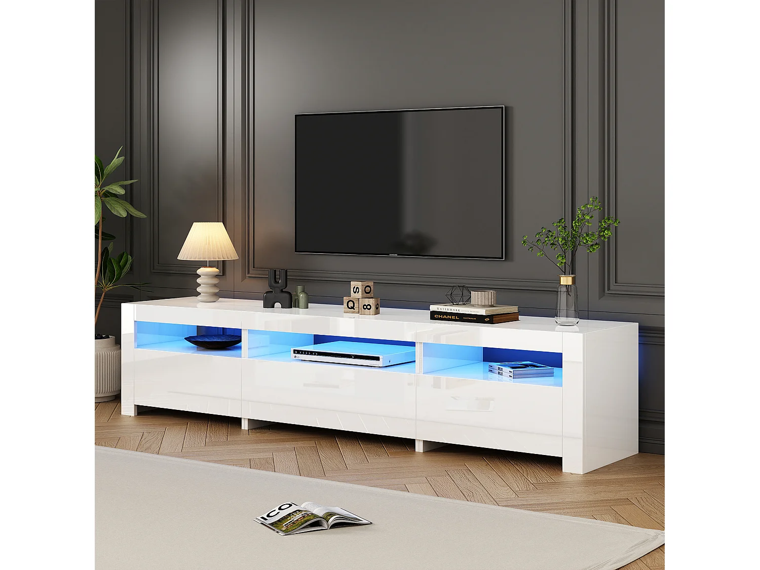 Meuble TV avec 3 portes - 190 x 24 x 40 cm - LEDs - Panneaux de particules - Blanc brillant