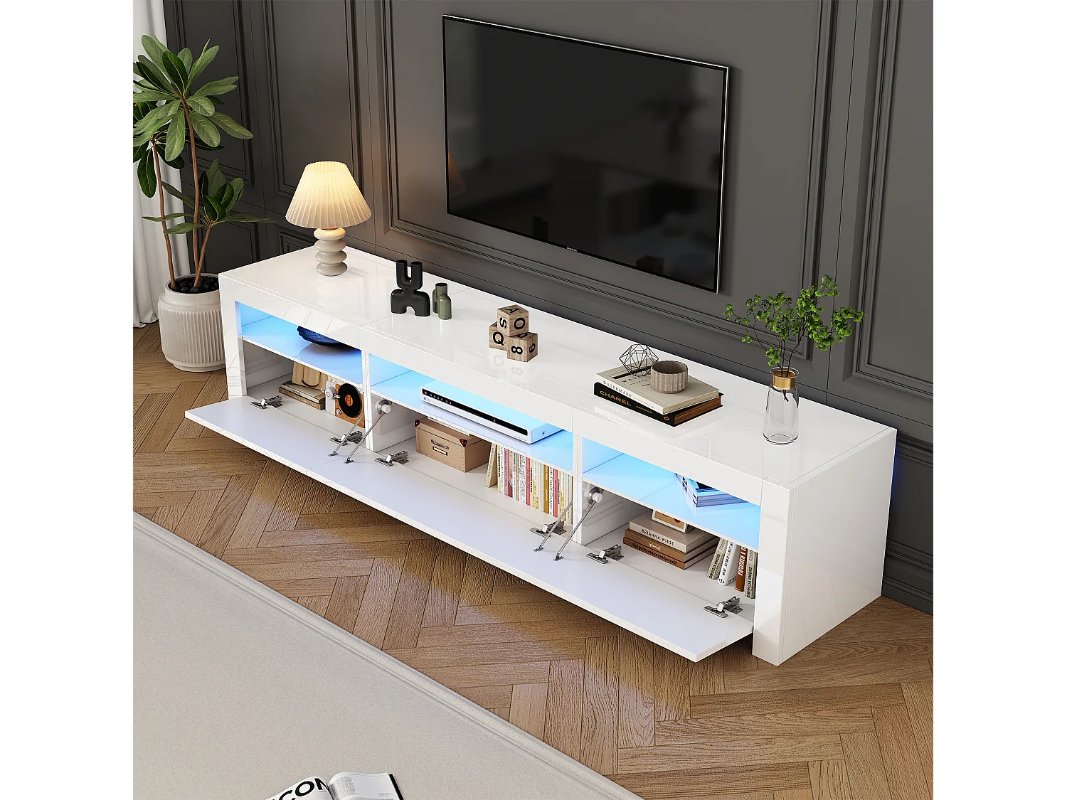 Meuble TV avec 3 portes - 190 x 24 x 40 cm - LEDs - Panneaux de particules - Blanc brillant