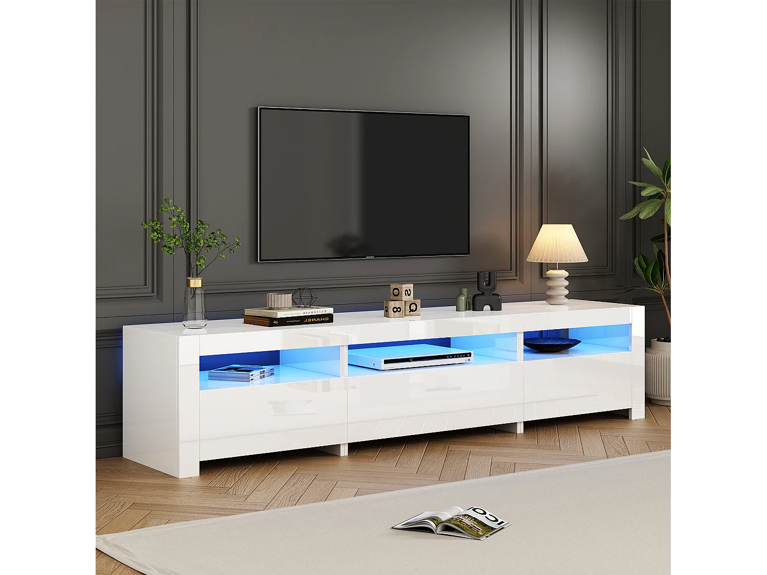 Meuble TV avec 3 portes - 190 x 24 x 40 cm - LEDs - Panneaux de particules - Blanc brillant