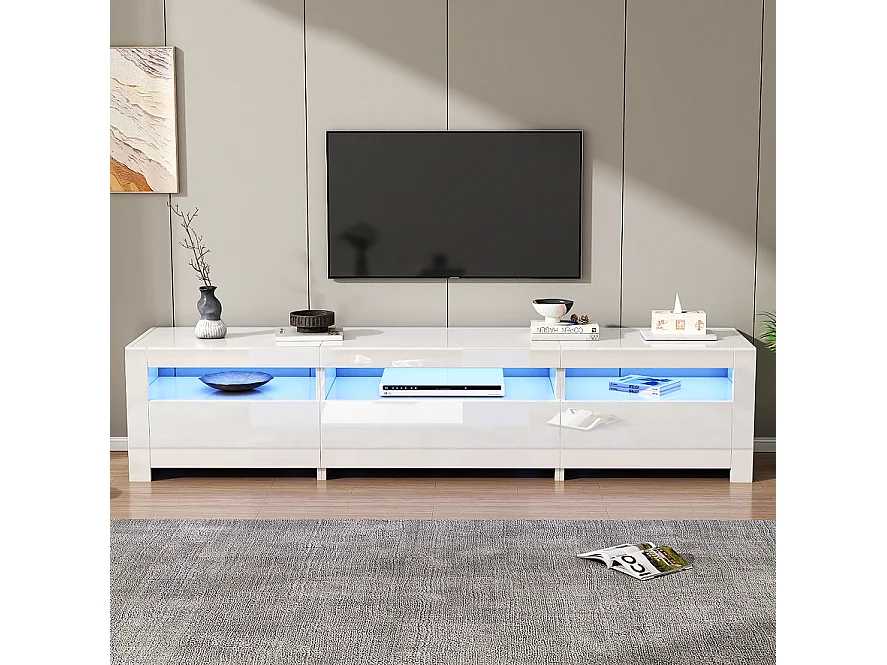 Meuble TV avec 3 portes - 190 x 24 x 40 cm - LEDs - Panneaux de particules - Blanc brillant