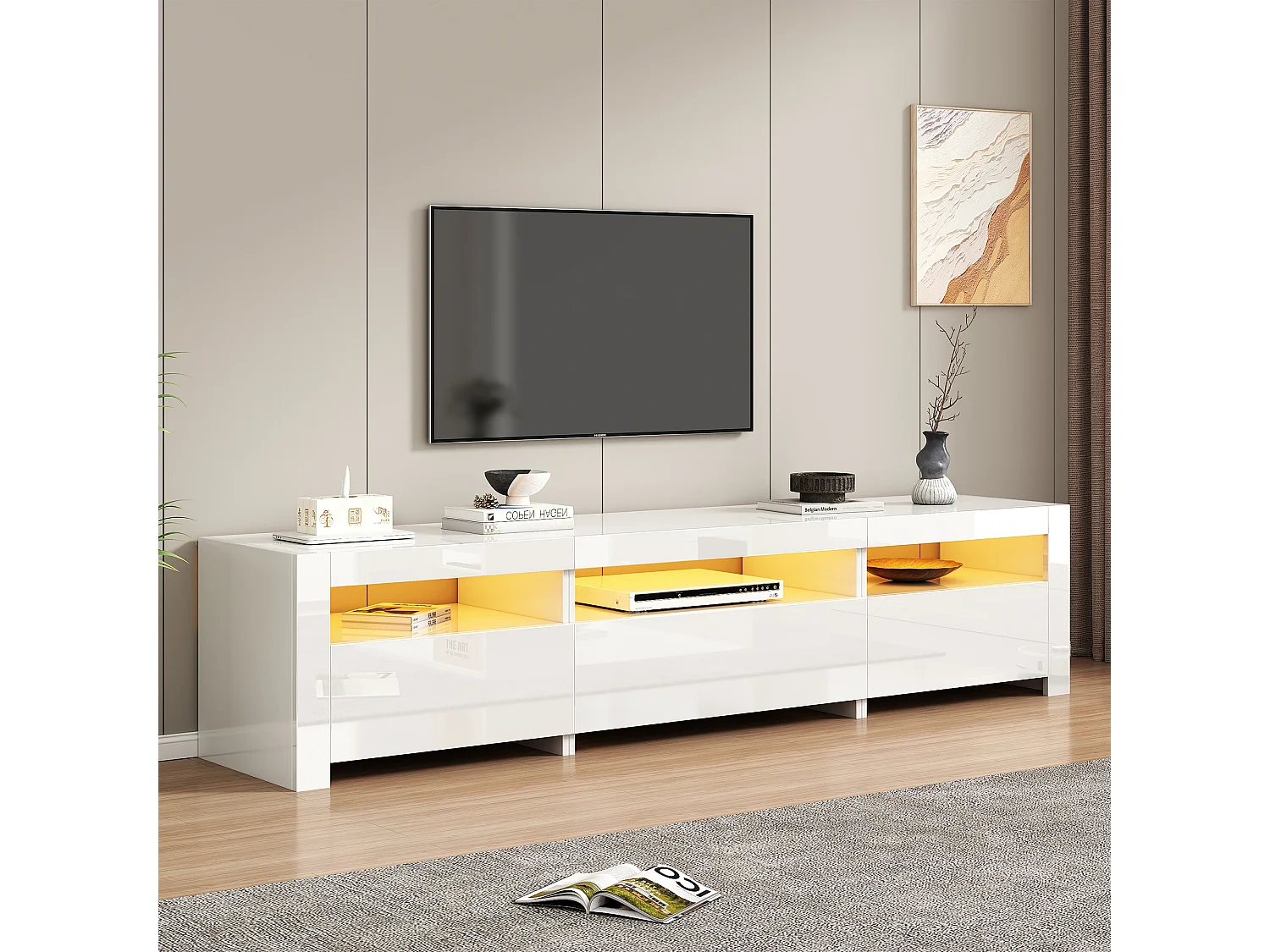 Meuble TV avec 3 portes - 190 x 24 x 40 cm - LEDs - Panneaux de particules - Blanc brillant