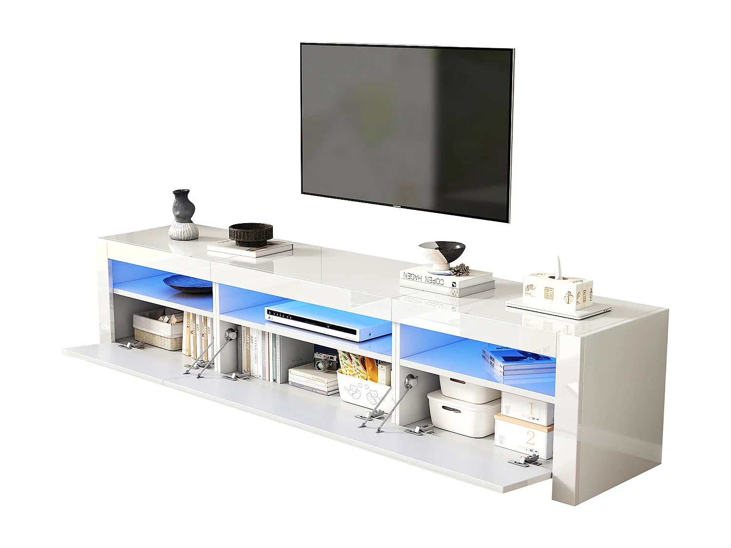 Meuble TV avec 3 portes - 190 x 24 x 40 cm - LEDs - Panneaux de particules - Blanc brillant