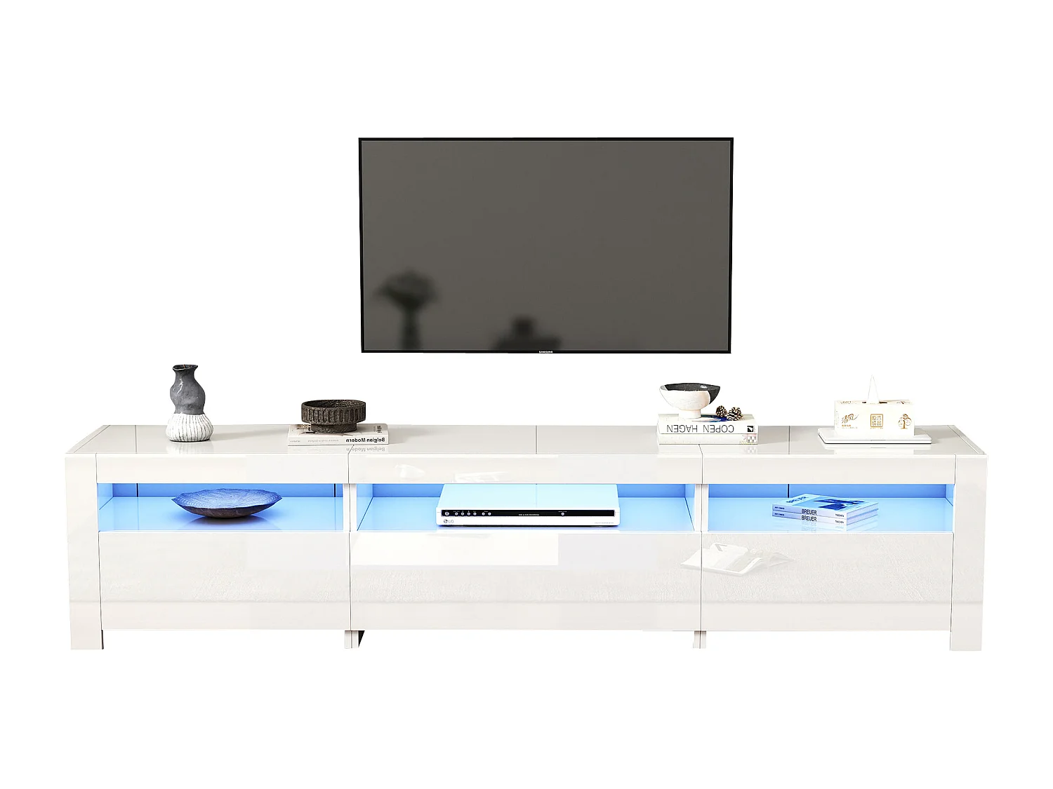 Meuble TV avec 3 portes - 190 x 24 x 40 cm - LEDs - Panneaux de particules - Blanc brillant