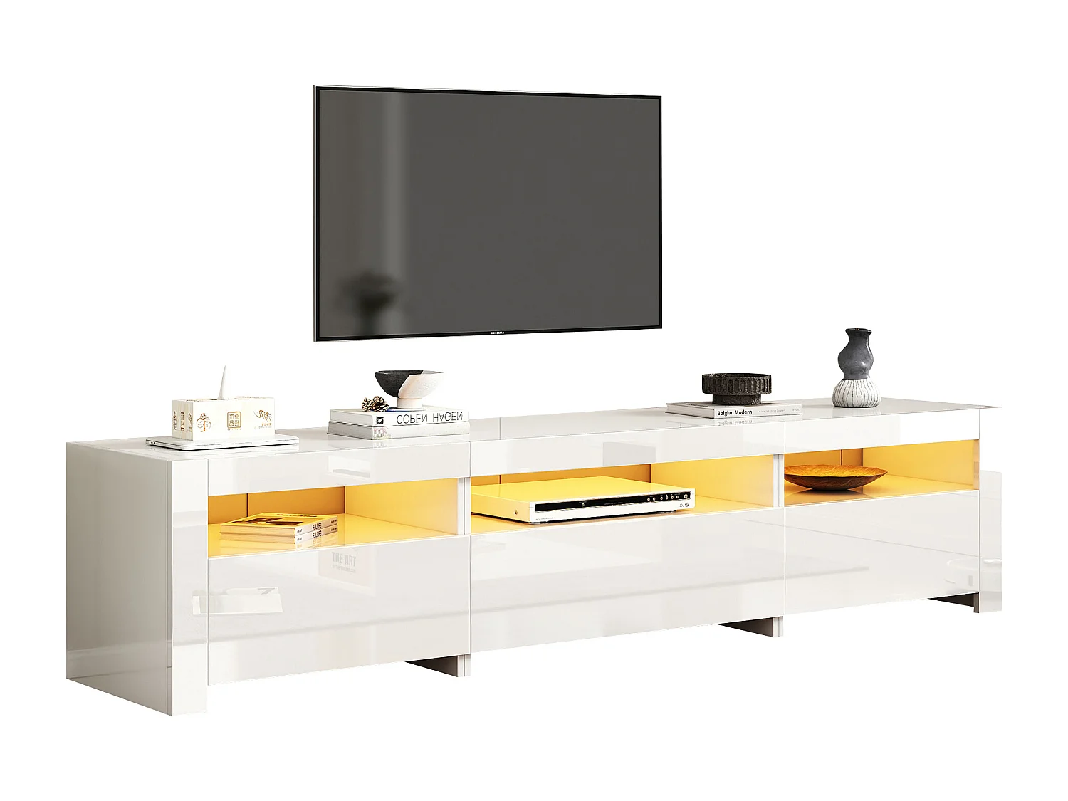 Meuble TV avec 3 portes - 190 x 24 x 40 cm - LEDs - Panneaux de particules - Blanc brillant