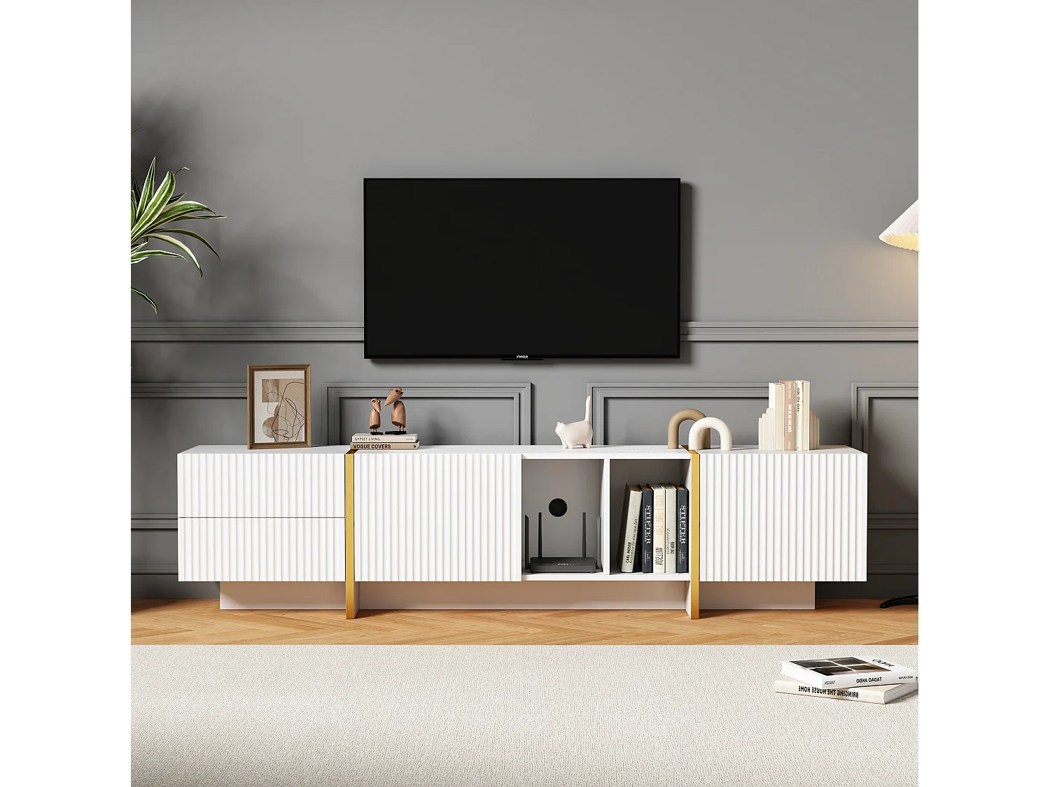 Mobile porta TV con 2 ante e 2 cassetti - 190 x 35 x 45,5 cm - Pannello truciolare - per soggiorno - Bianco e legno