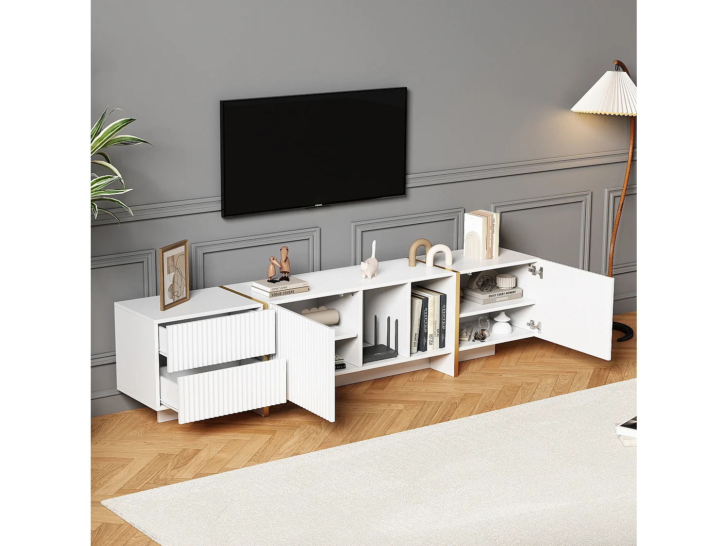 Mobile porta TV con 2 ante e 2 cassetti - 190 x 35 x 45,5 cm - Pannello truciolare - per soggiorno - Bianco e legno