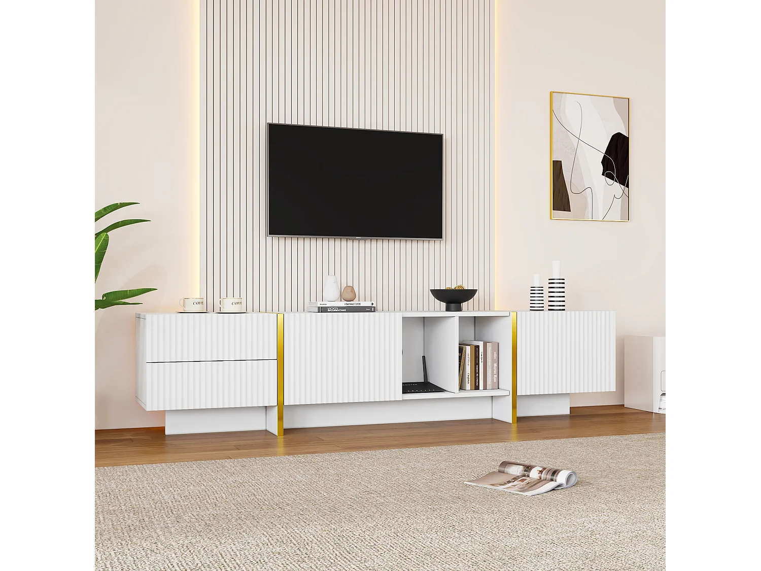 Mobile porta TV con 2 ante e 2 cassetti - 190 x 35 x 45,5 cm - Pannello truciolare - per soggiorno - Bianco e legno