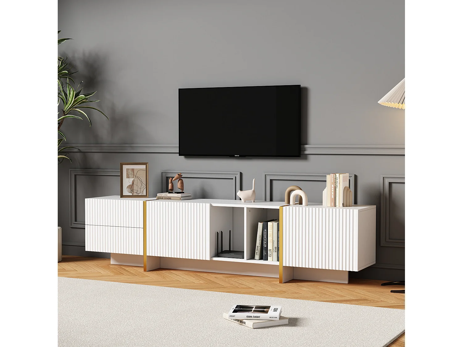 Mobile porta TV con 2 ante e 2 cassetti - 190 x 35 x 45,5 cm - Pannello truciolare - per soggiorno - Bianco e legno