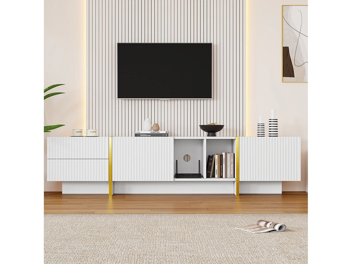 TV-meubel met 2 deuren en 2 lades - 190 x 35 x 45,5 cm - Spaanplaat - voor woonkamer - Wit en hout