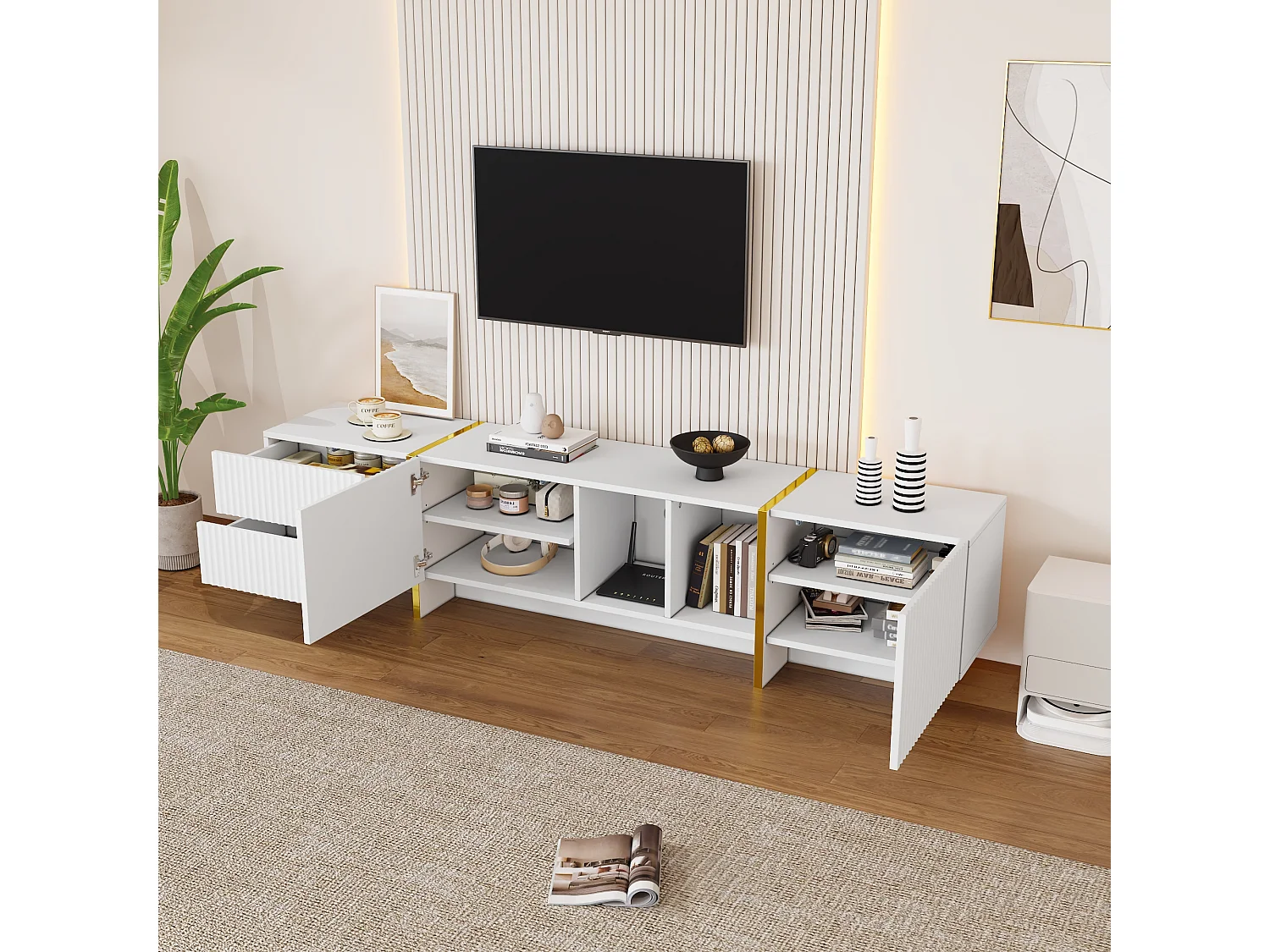 TV-meubel met 2 deuren en 2 lades - 190 x 35 x 45,5 cm - Spaanplaat - voor woonkamer - Wit en hout