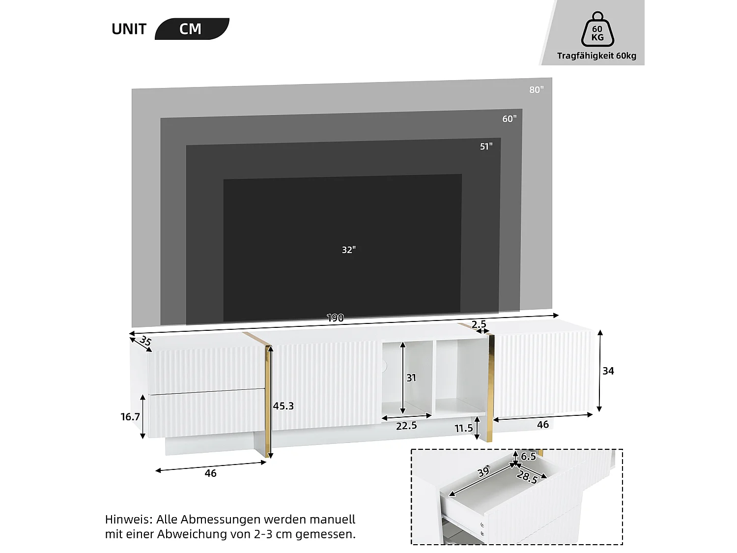 TV-meubel met 2 deuren en 2 lades - 190 x 35 x 45,5 cm - Spaanplaat - voor woonkamer - Wit en hout
