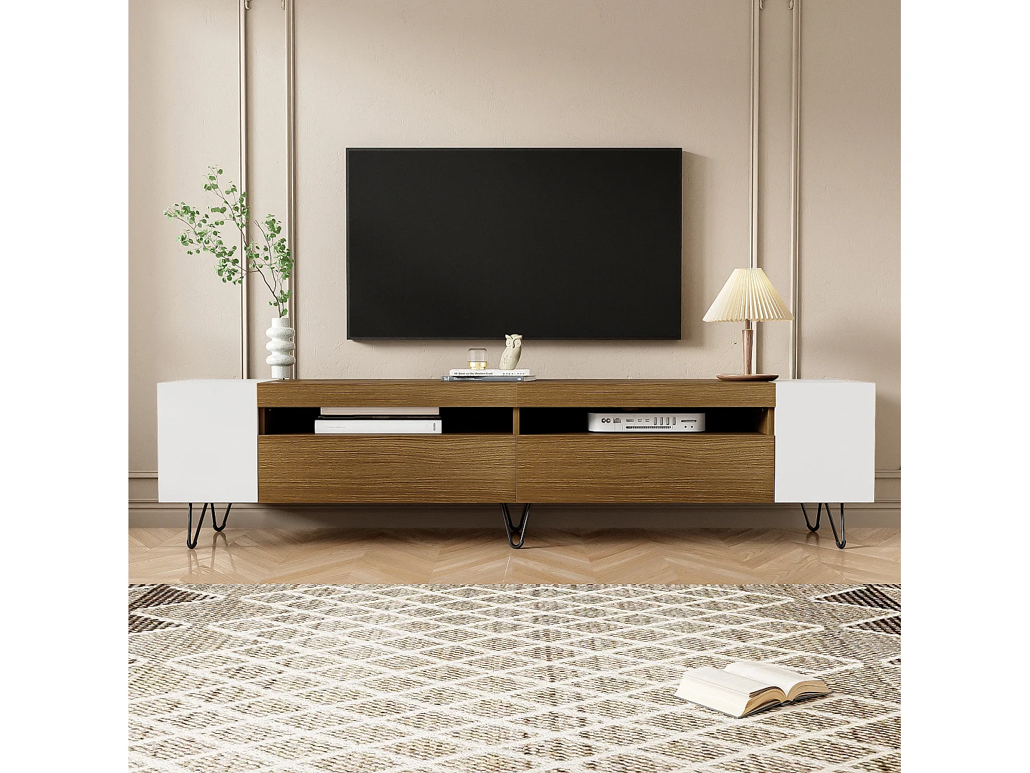 TV-Schrank mit 2 Türen und seitlichen Nischen - 180 x 36 x 43 cm - LEDs - MDF und Spanplatte - Weiß + Natur