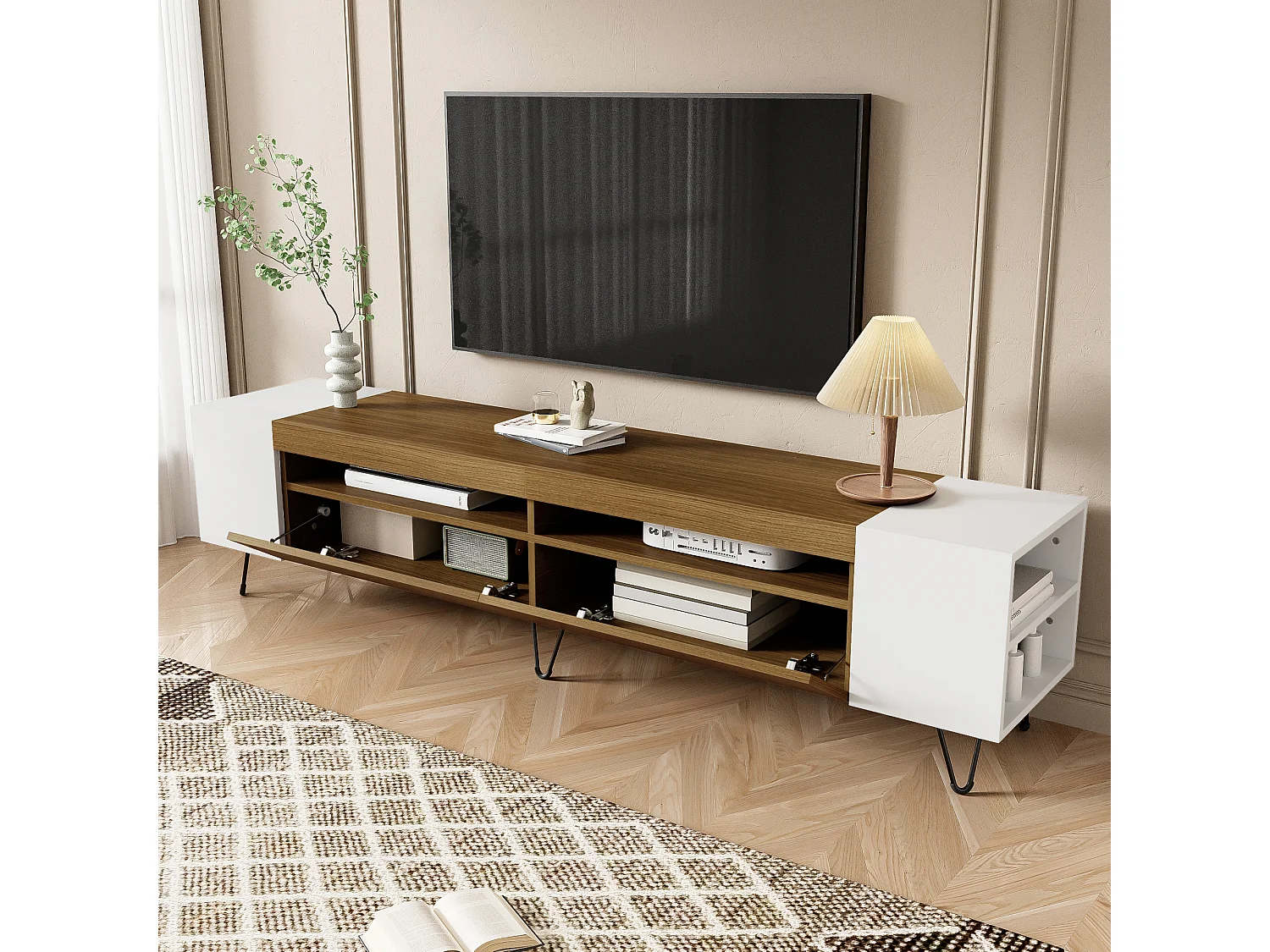 TV-Schrank mit 2 Türen und seitlichen Nischen - 180 x 36 x 43 cm - LEDs - MDF und Spanplatte - Weiß + Natur