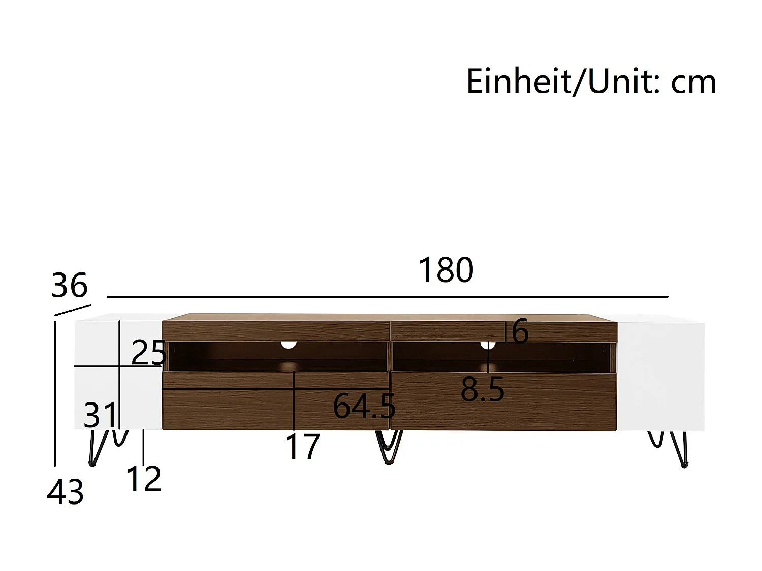 TV-Schrank mit 2 Türen und seitlichen Nischen - 180 x 36 x 43 cm - LEDs - MDF und Spanplatte - Weiß + Natur