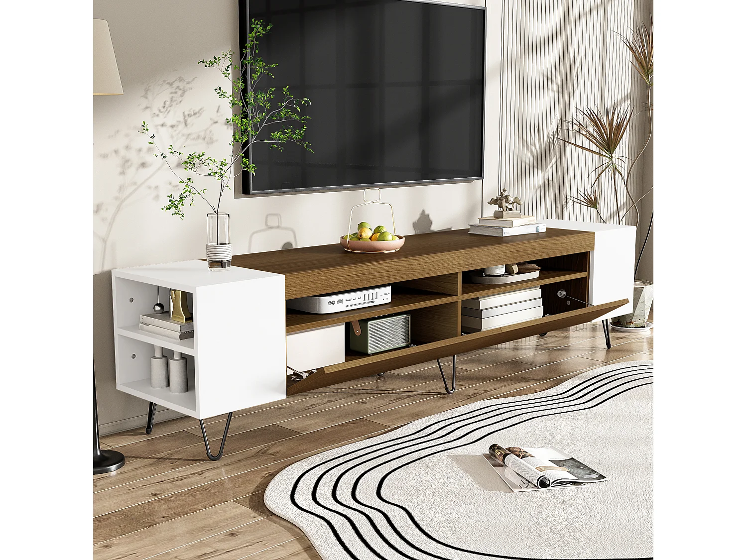 TV-Schrank mit 2 Türen und seitlichen Nischen - 180 x 36 x 43 cm - LEDs - MDF und Spanplatte - Weiß + Natur