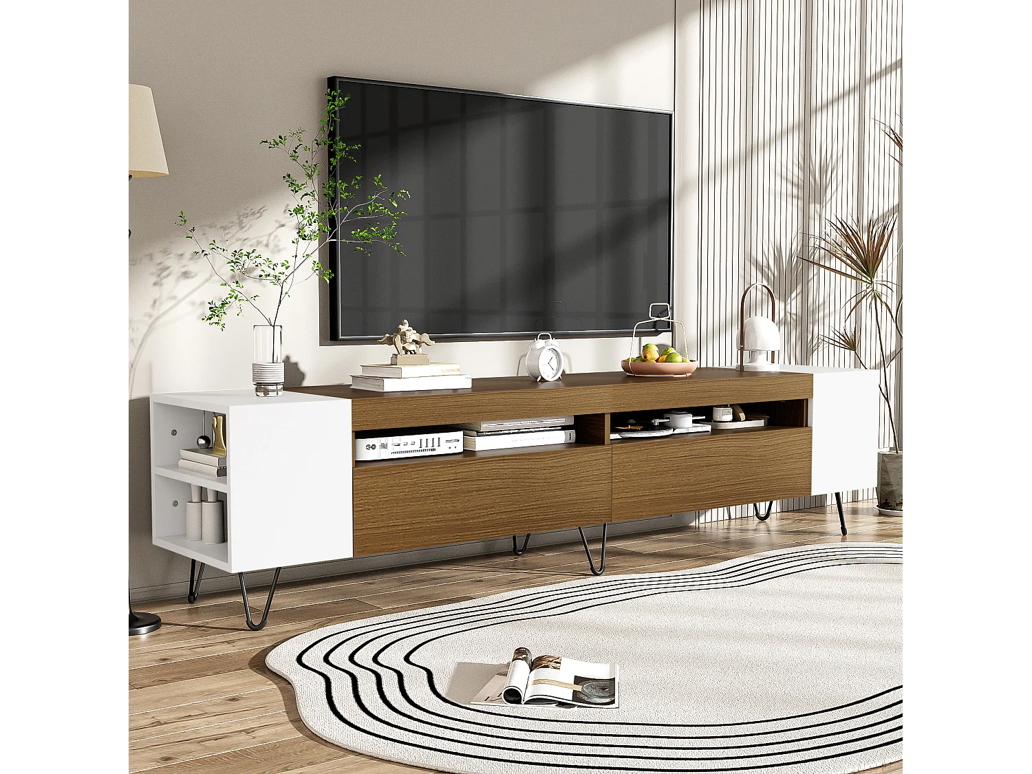 TV-Schrank mit 2 Türen und seitlichen Nischen - 180 x 36 x 43 cm - LEDs - MDF und Spanplatte - Weiß + Natur