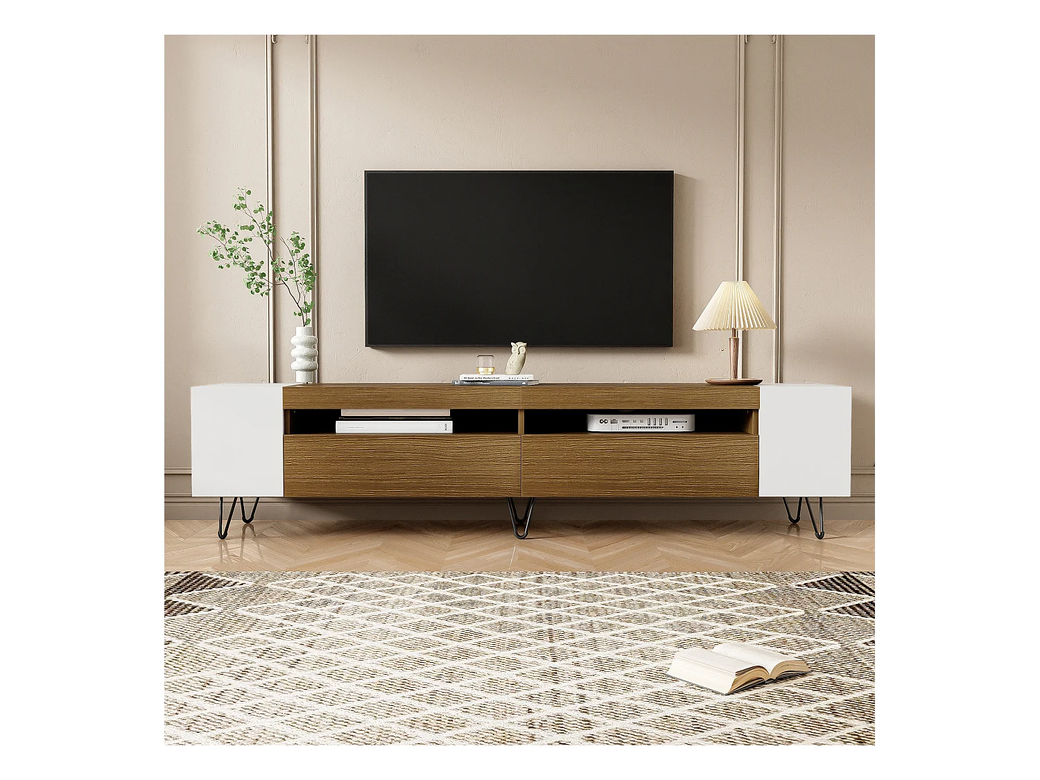 Meuble TV avec 2 portes et niches latérales - 180 x 36 x 43 cm - LEDs - MDF et Panneau de particules - Blanc+ naturel