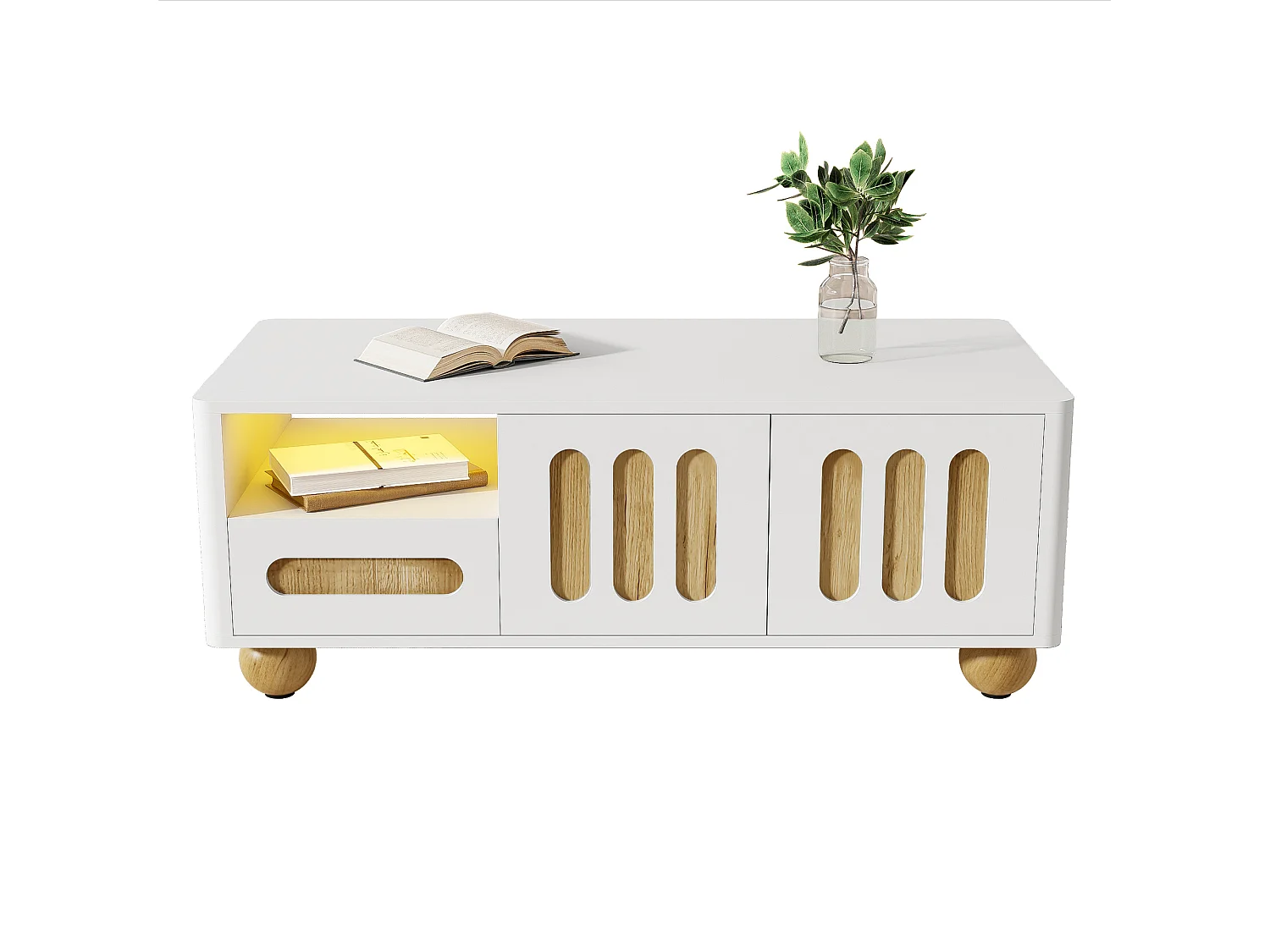 Moderne salontafel met 4 deuren en 2 laden - 105x50x40 cm - LED's - MDF, Spaanplaat - Wit en hout