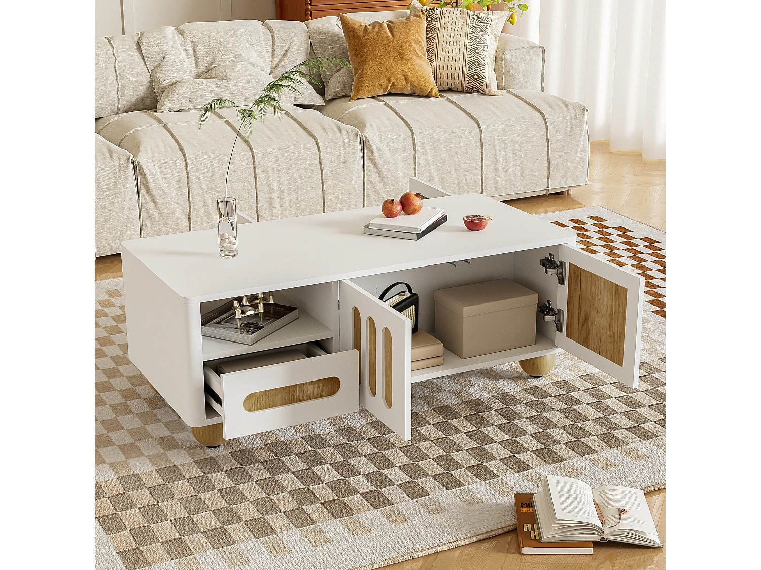 Moderne salontafel met 4 deuren en 2 laden - 105x50x40 cm - LED's - MDF, Spaanplaat - Wit en hout