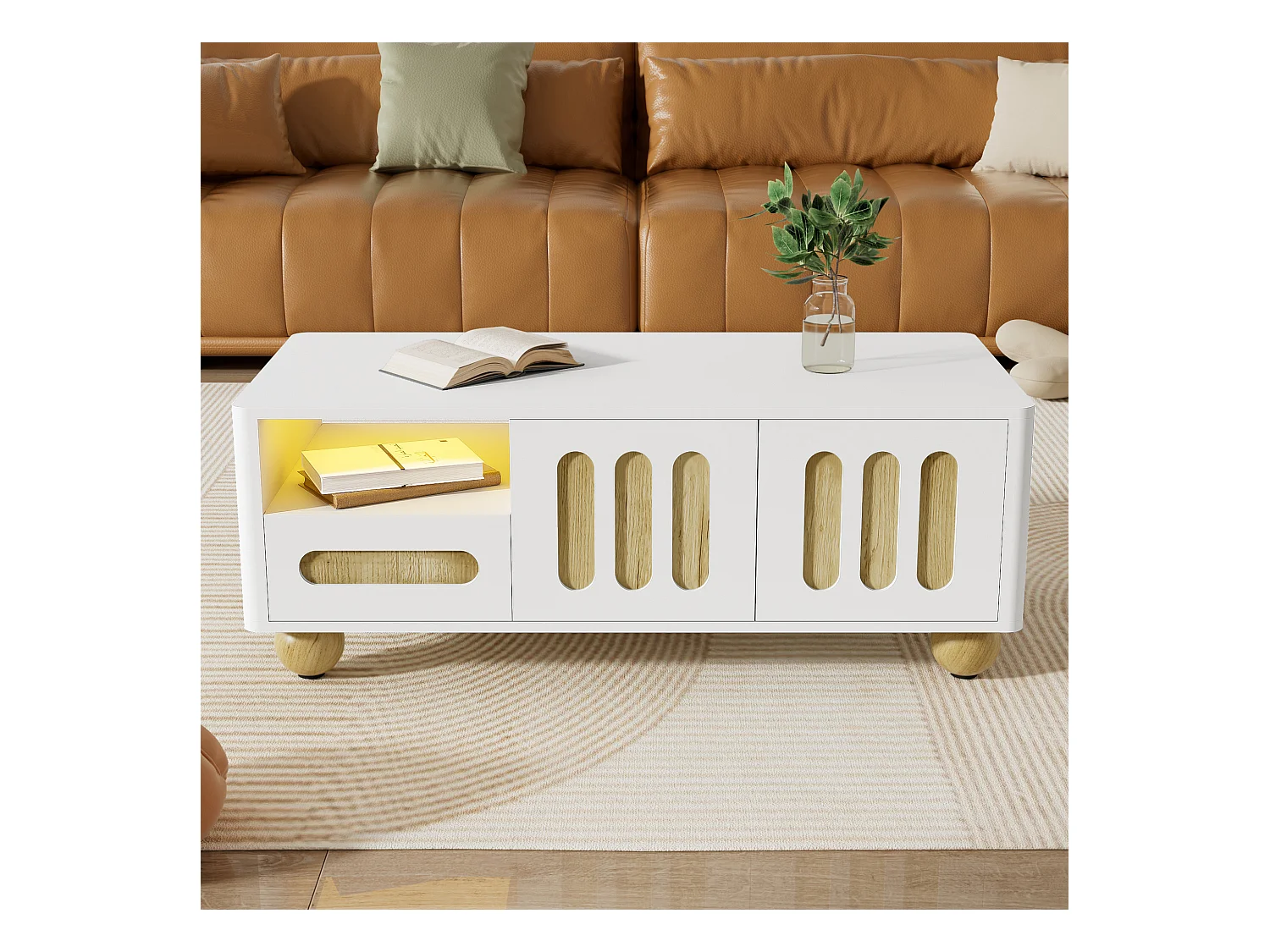 Table basse moderne avec 4 porte et 2 tiroir - 105x50x40 cm - LEDs - MDF, Panneaux de particules - Blanc et bois