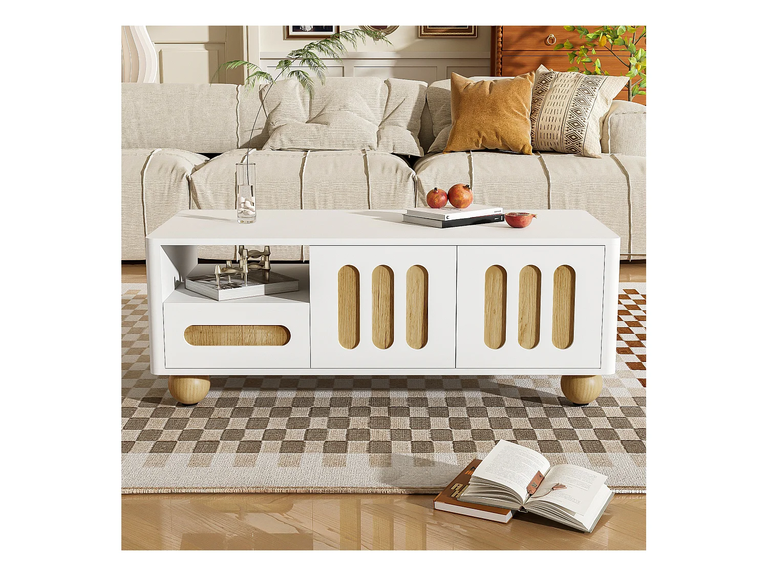 Table basse moderne avec 4 porte et 2 tiroir - 105x50x40 cm - LEDs - MDF, Panneaux de particules - Blanc et bois