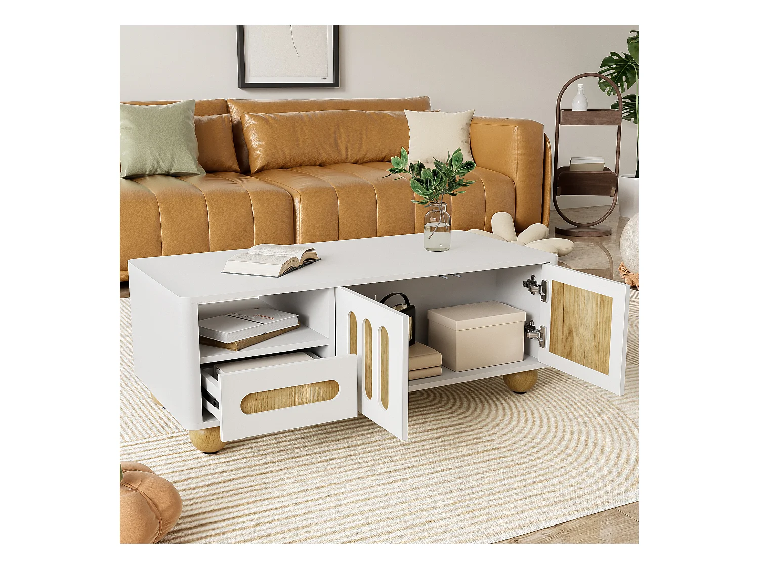 Table basse moderne avec 4 porte et 2 tiroir - 105x50x40 cm - LEDs - MDF, Panneaux de particules - Blanc et bois