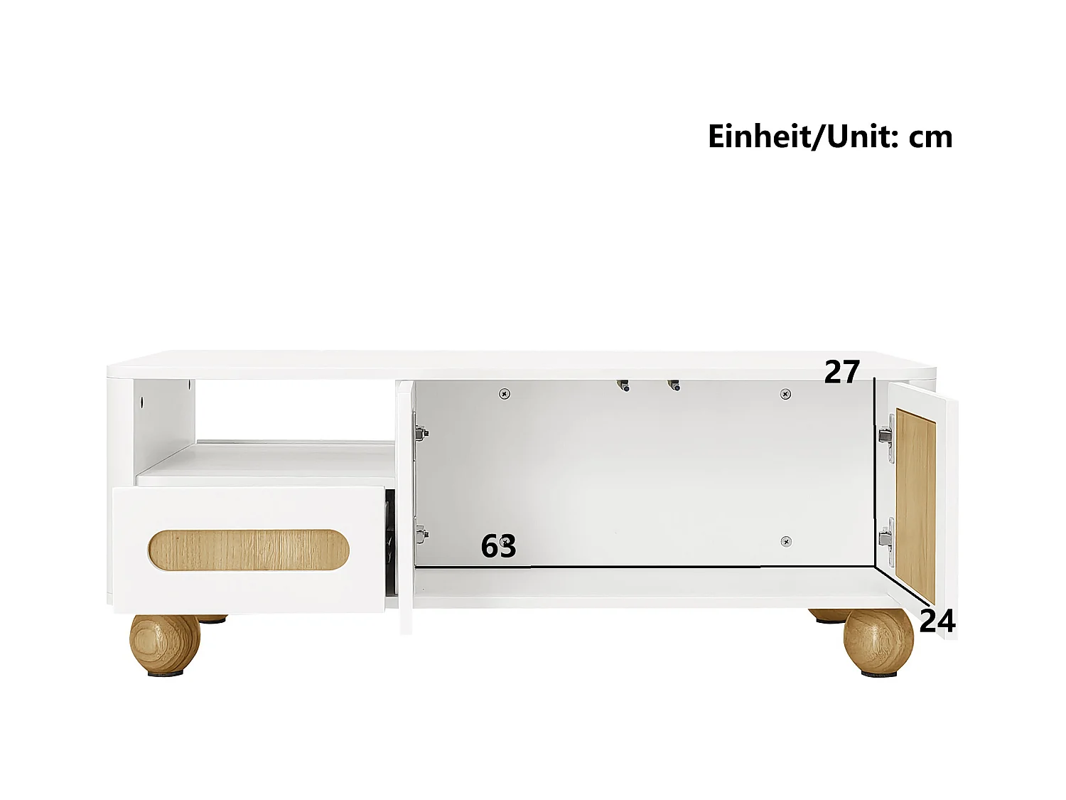 Table basse moderne avec 4 porte et 2 tiroir - 105x50x40 cm - LEDs - MDF, Panneaux de particules - Blanc et bois