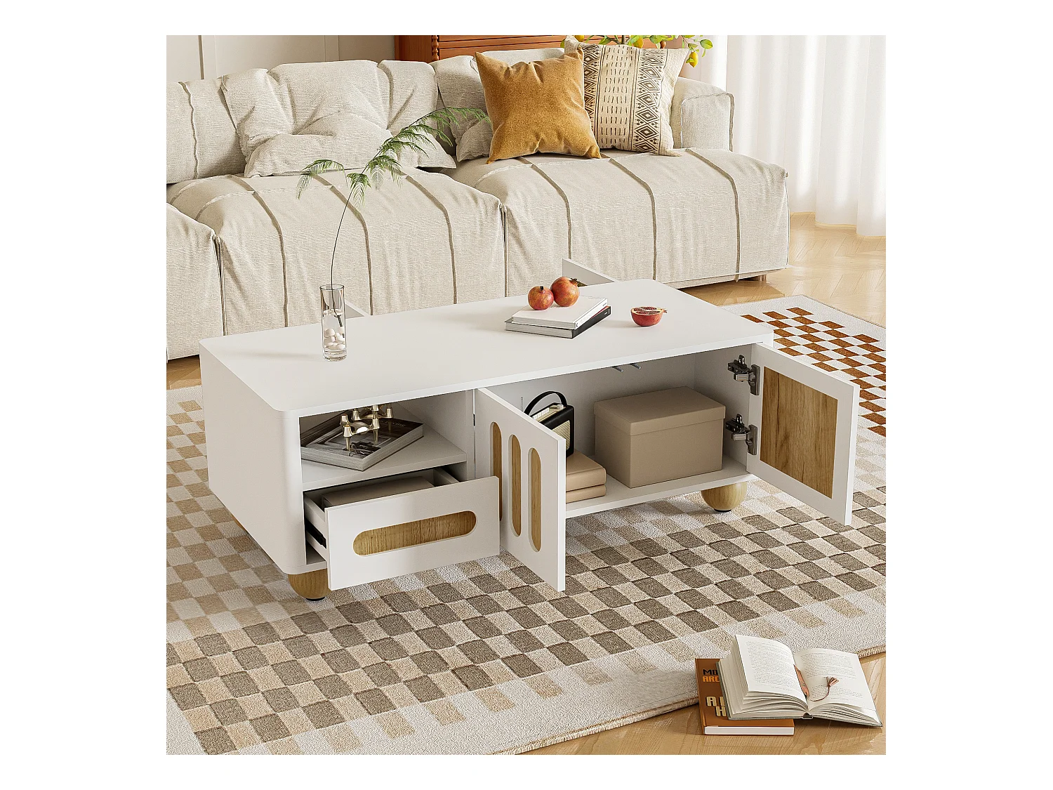 Table basse moderne avec 4 porte et 2 tiroir - 105x50x40 cm - LEDs - MDF, Panneaux de particules - Blanc et bois