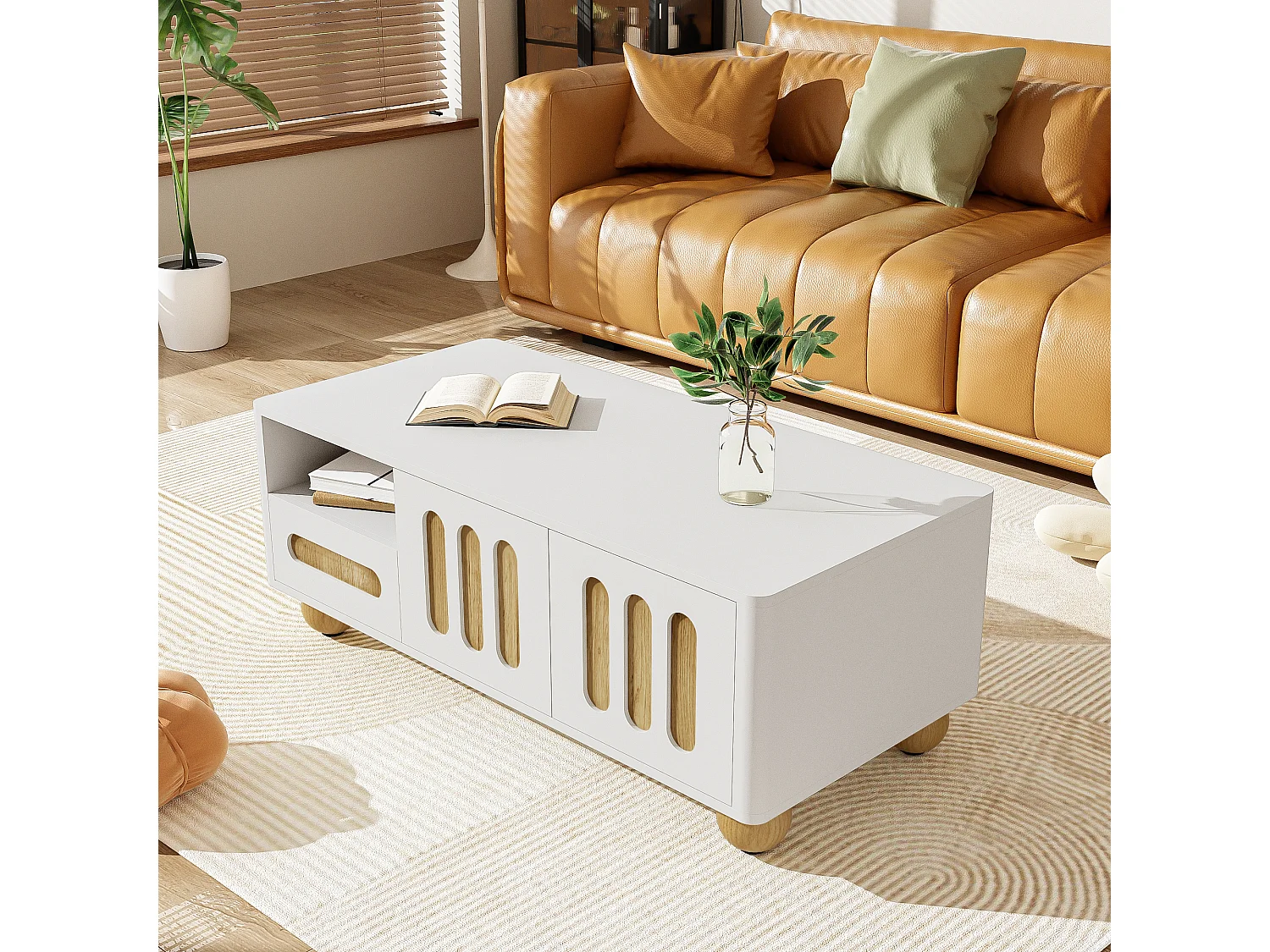 Table basse moderne avec 4 porte et 2 tiroir - 105x50x40 cm - LEDs - MDF, Panneaux de particules - Blanc et bois