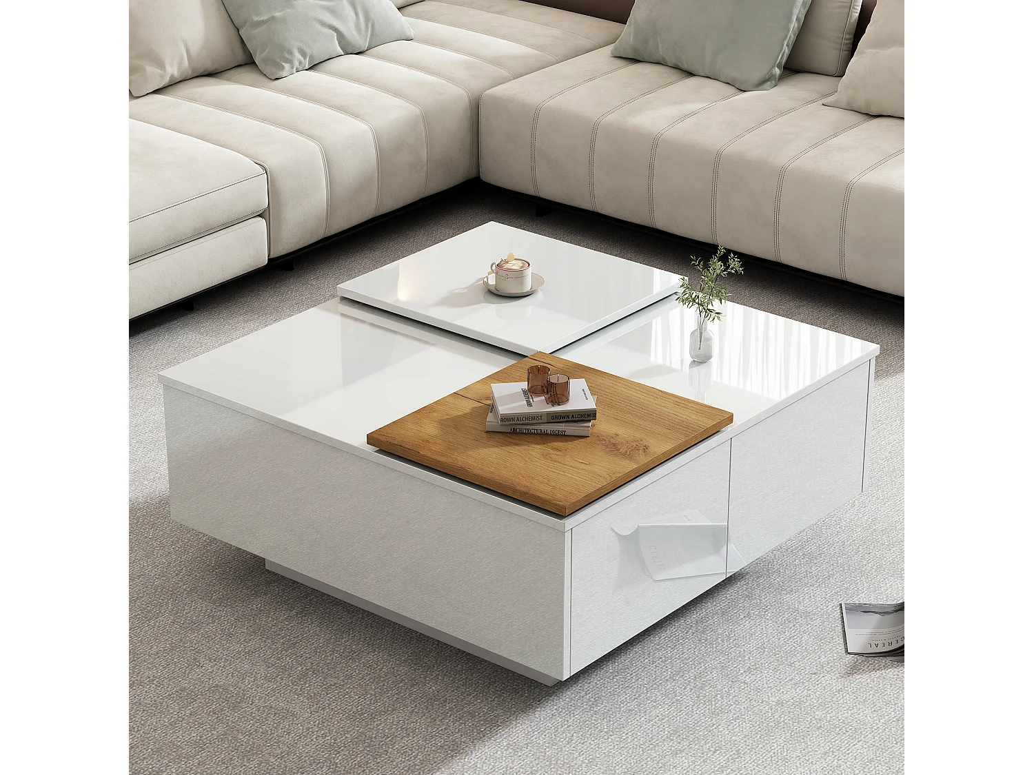 Mesa de centro cuadrada con 4 cajones y 2 bandejas deslizantes pequeñas - 75 x 75 x 33,5 cm - Tablero de partículas - Blanco