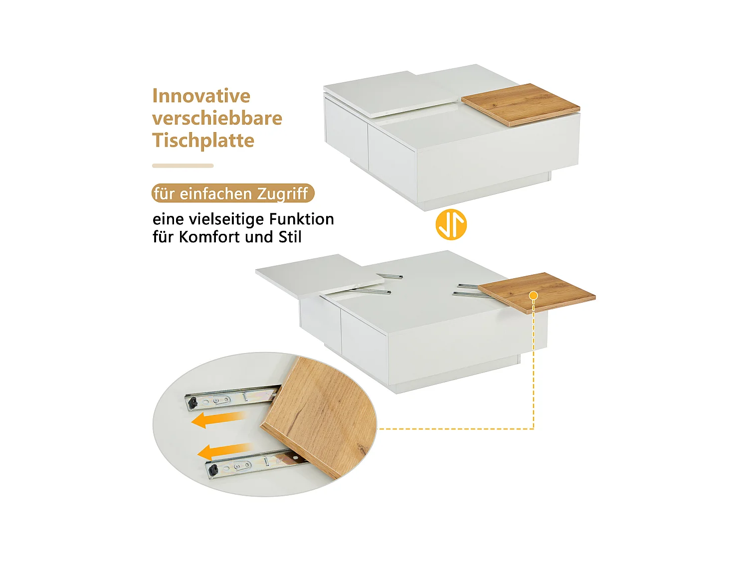 Mesa de centro cuadrada con 4 cajones y 2 bandejas deslizantes pequeñas - 75 x 75 x 33,5 cm - Tablero de partículas - Blanco