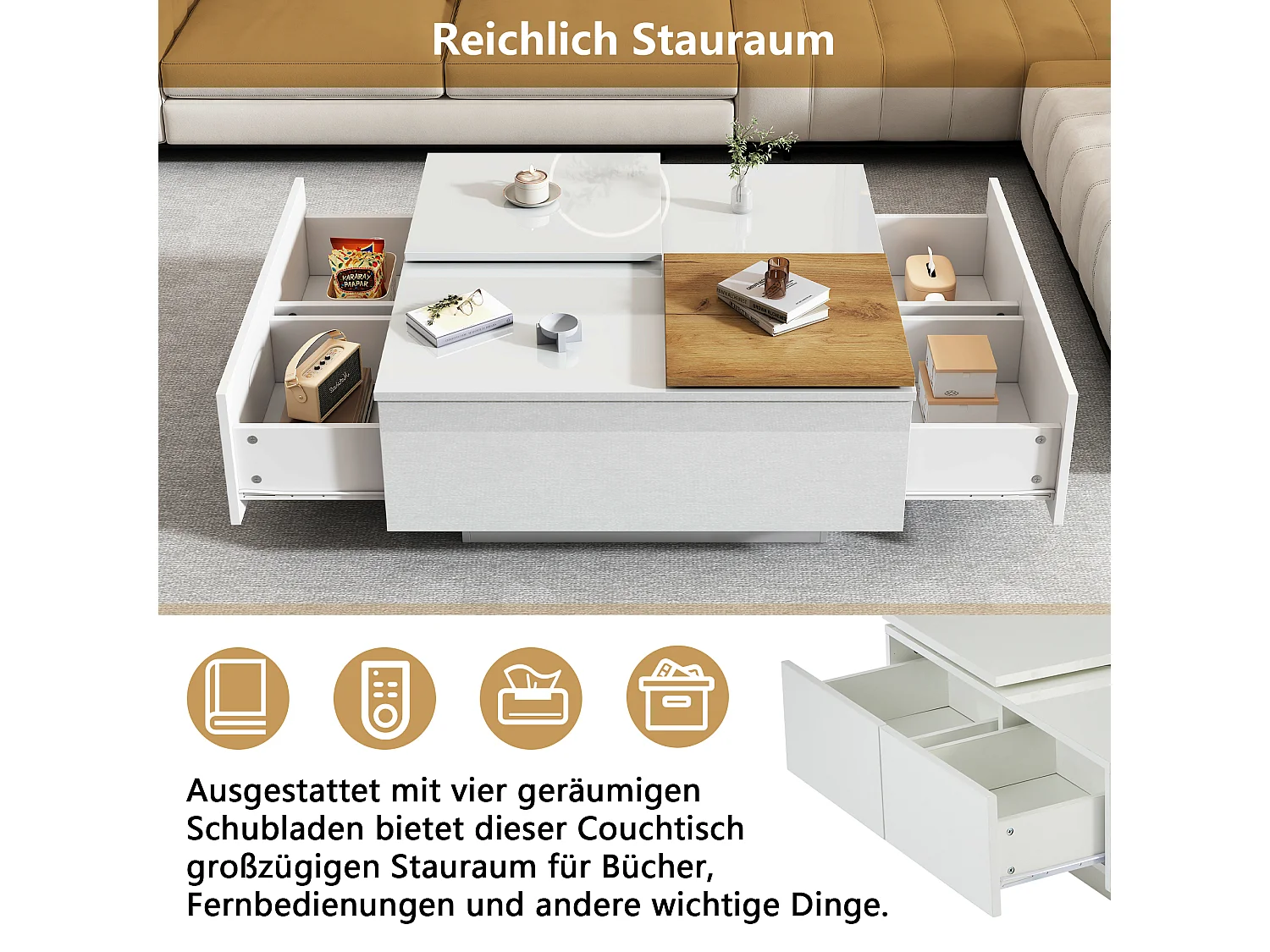 Mesa de centro cuadrada con 4 cajones y 2 bandejas deslizantes pequeñas - 75 x 75 x 33,5 cm - Tablero de partículas - Blanco