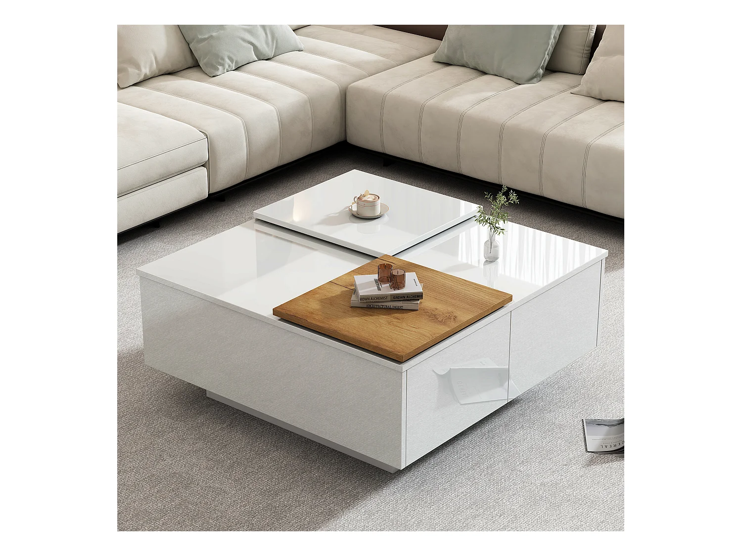 Table basse carrée avec 4 tiroirs et 2 petits plateau coulissant - 75 x 75 x 33.5 cm -  Panneaux de particules - Blanc