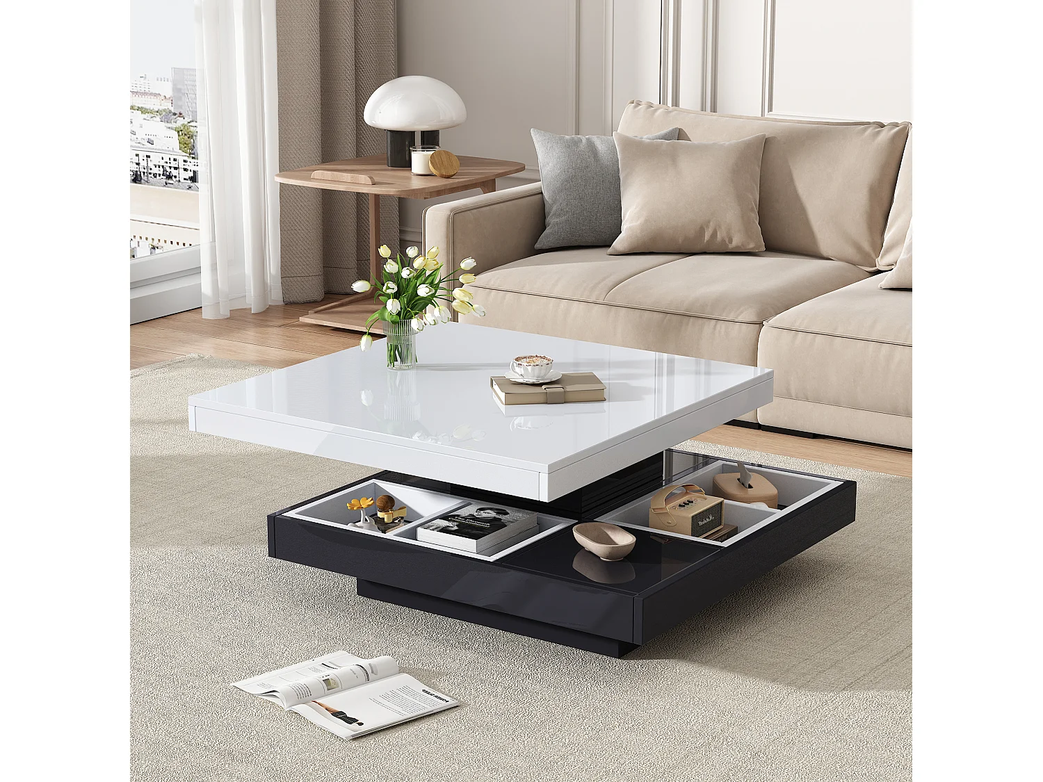 Table basse carrée avec 4 compartiments et plateau pivotant - 70 x 70 x 36 cm -  Panneaux de particules - Noir + blanc