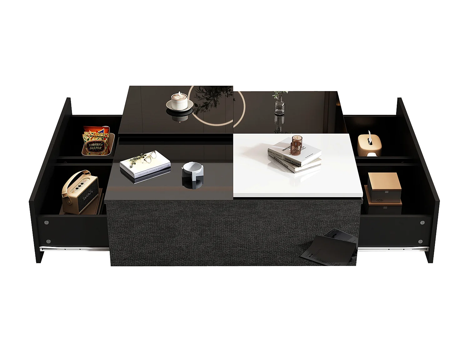 Vierkante salontafel met 4 lades en 2 kleine schuiflades - 75 x 75 x 33,5 cm - Spaanplaat - Glanzend zwart