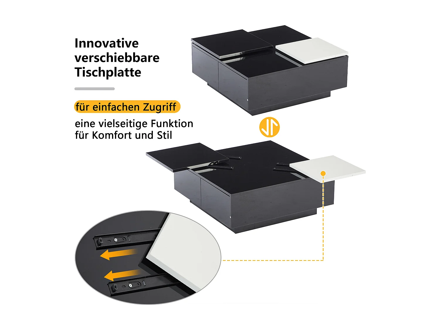 Vierkante salontafel met 4 lades en 2 kleine schuiflades - 75 x 75 x 33,5 cm - Spaanplaat - Glanzend zwart