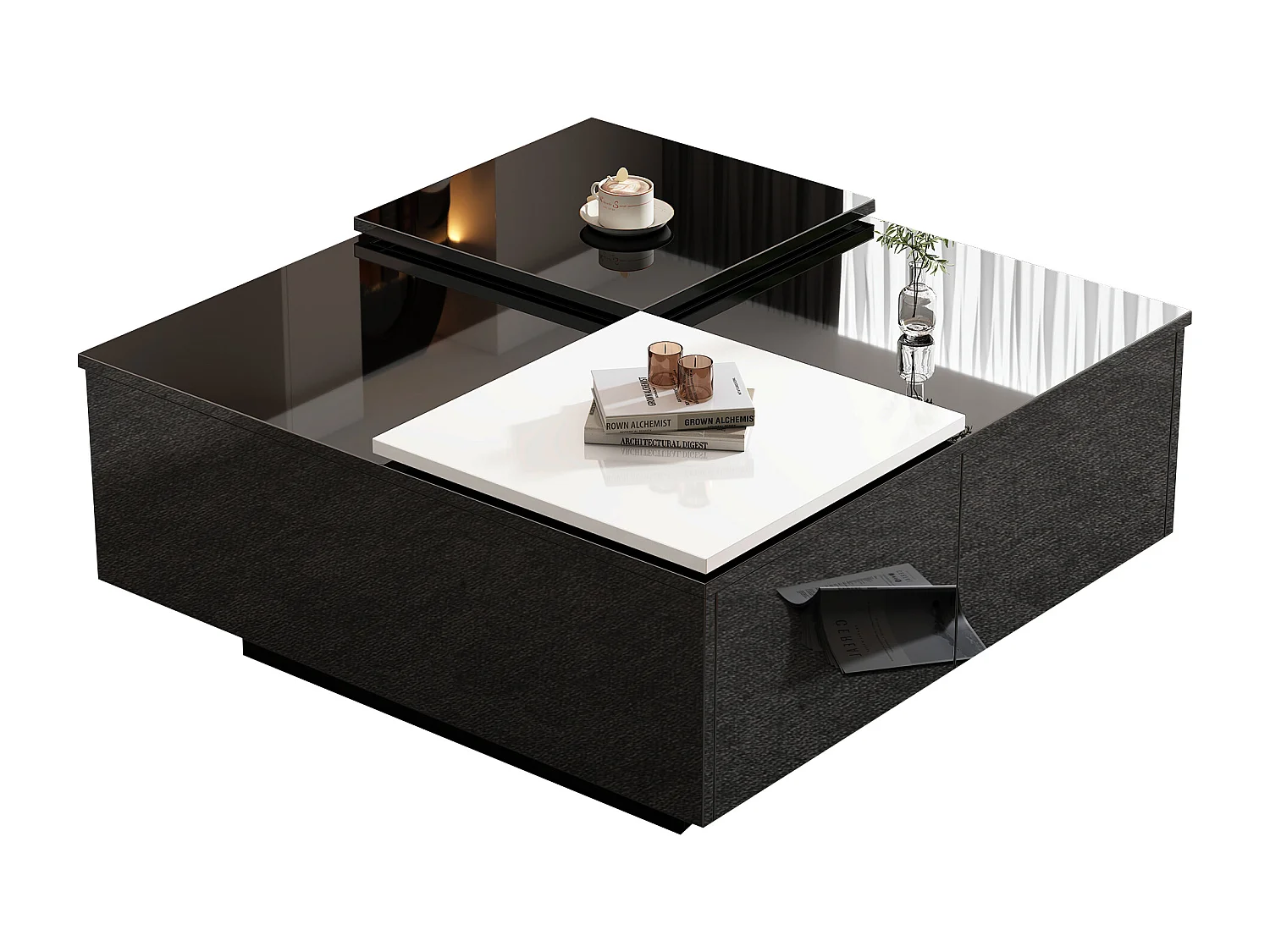 Table basse carrée avec 4 tiroirs et 2 petits plateau coulissant - 75 x 75 x 33.5 cm -  Panneaux de particules - Noir brillant