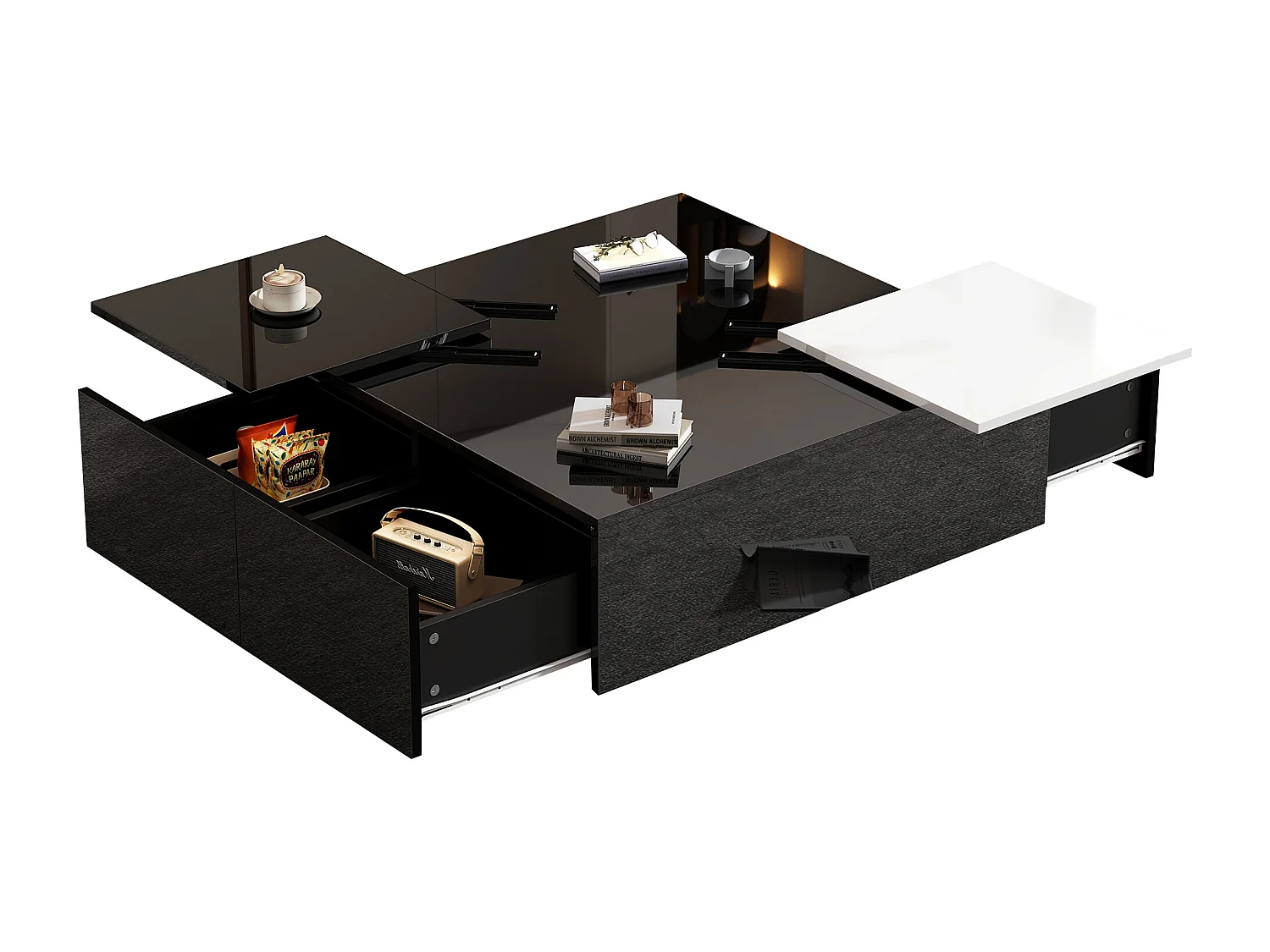 Table basse carrée avec 4 tiroirs et 2 petits plateau coulissant - 75 x 75 x 33.5 cm -  Panneaux de particules - Noir brillant