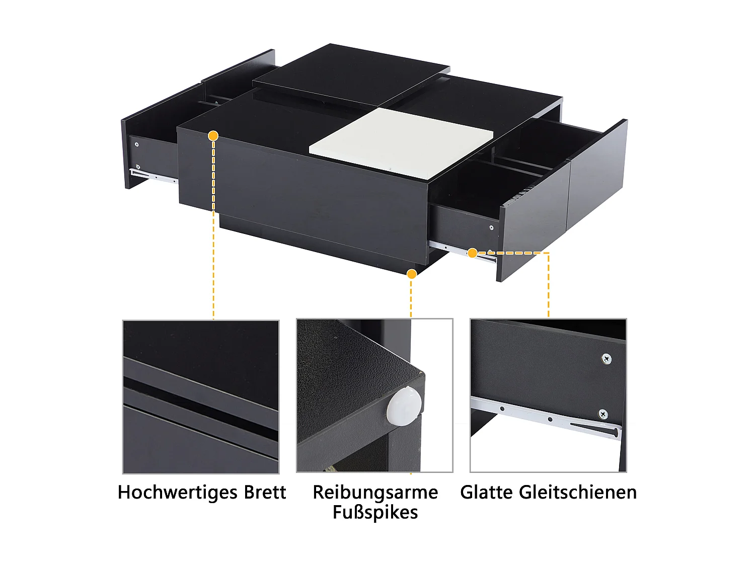 Table basse carrée avec 4 tiroirs et 2 petits plateau coulissant - 75 x 75 x 33.5 cm -  Panneaux de particules - Noir brillant