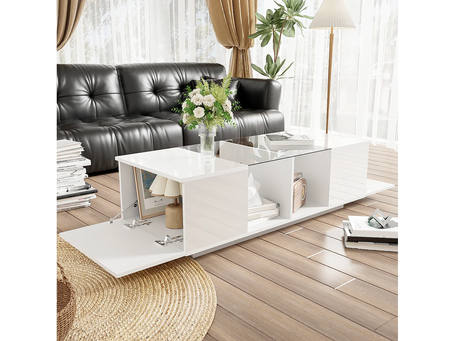 Moderne salontafel met 2 deuren en 2 compartimenten - 120 x 50 x 38,5 cm - LED's - Glas, MDF, spaanplaat - Glanzend wit