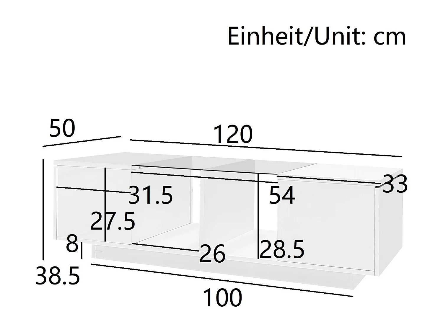 Moderne salontafel met 2 deuren en 2 compartimenten - 120 x 50 x 38,5 cm - LED's - Glas, MDF, spaanplaat - Glanzend wit