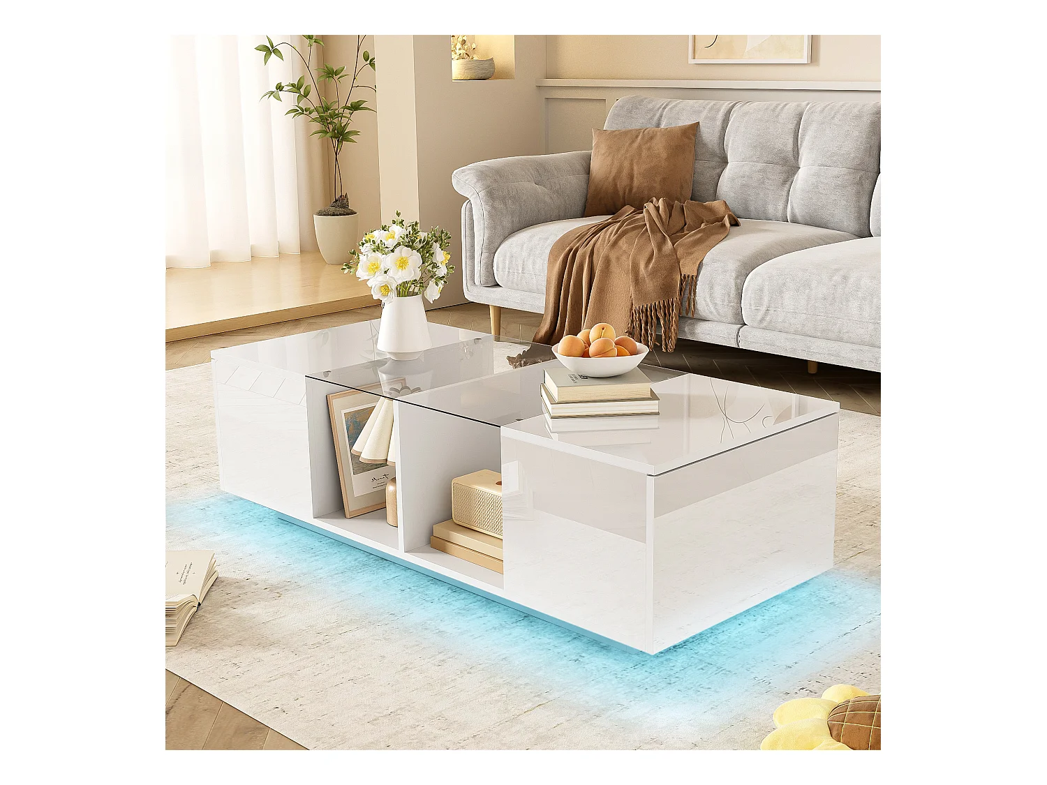 Moderner Couchtisch mit 2 Türen und 2 Fächern - 120 x 50 x 38,5 cm - LEDs - Glas, MDF, Spanplatte - Weiß glänzend