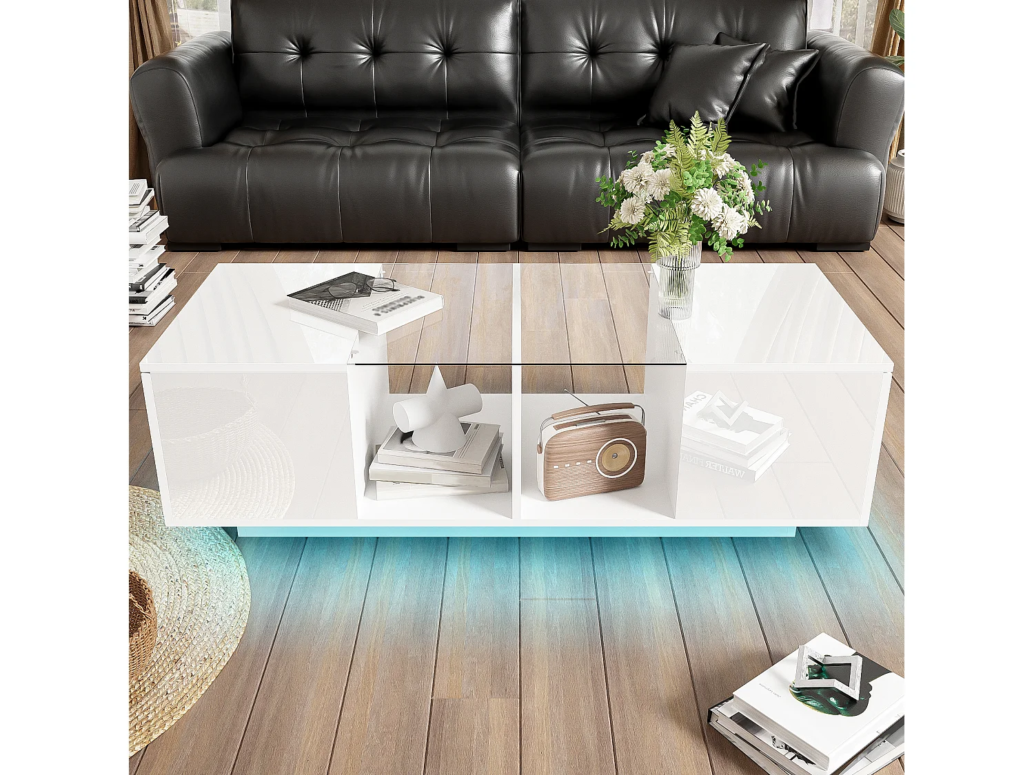Tavolino moderno con 2 ante e 2 scomparti - 120 x 50 x 38,5 cm - LED - Vetro, MDF, truciolare - Bianco lucido