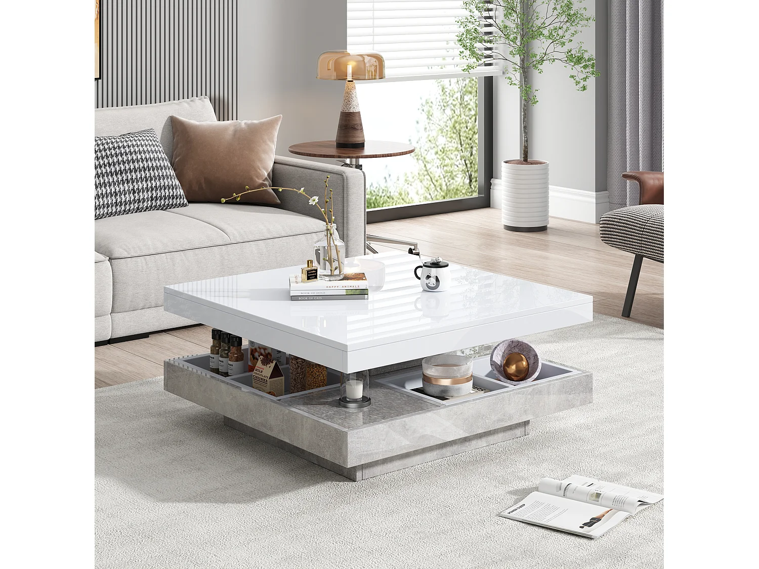 Mesa de centro cuadrada con 4 compartimentos y tablero giratorio - 70 x 70 x 36 cm - Tablero de partículas - Blanco